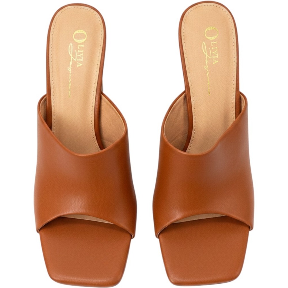 Olivia Jaymes Womens Tan Square Toe Flared Block Heel‎ Mules Sandals Size 9